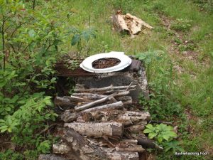 Wood stack and toilet seat at Negro Lake cabin site